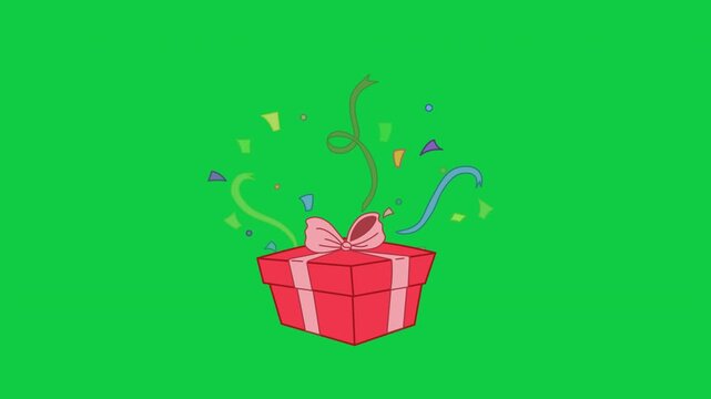 Gift red present box with bursting ribbons looping animation for holiday giveaways green screen