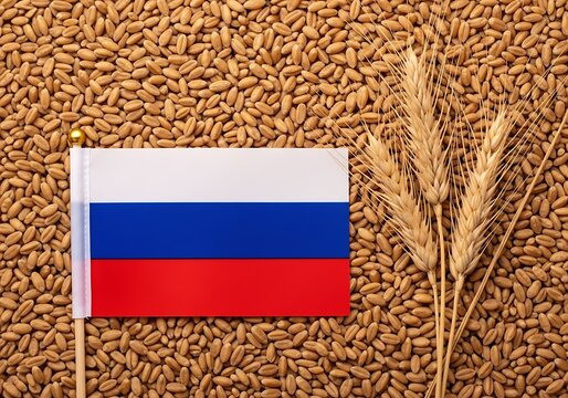 Russian flag with wheat grains and stalks for export or trade concept