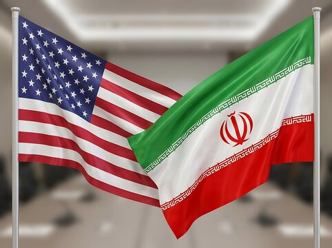 US and Iran flags waving together, symbolizing diplomatic relations and international trade