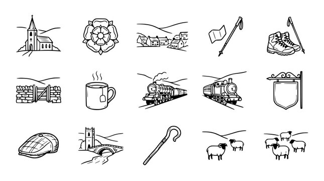 English Countryside Icons: Village, Sheep, Trains, Church, Yorkshire Rose, Walking Boots