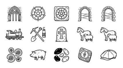 Historical Icons: Architecture, Industry, Nature, and Rural Life - Line Art Collection © Quntul