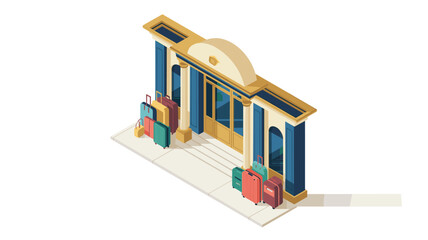 Obraz premium Isometric view of a hotel entrance with a pile of colorful suitcases on the sidewalk for travel agency, tourism, and hospitality marketing campaigns.