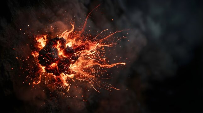 Bright fire explosion with glowing embers and flying sparks on dark stone