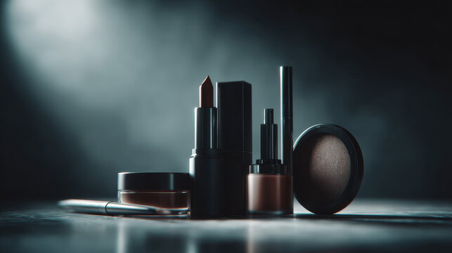 Luxury cosmetic products with dramatic spotlight, premium beauty branding and minimalist makeup concept
