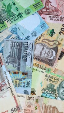 Malawian kwacha money banknotes bunch on table. Malawi bills of MWK currency