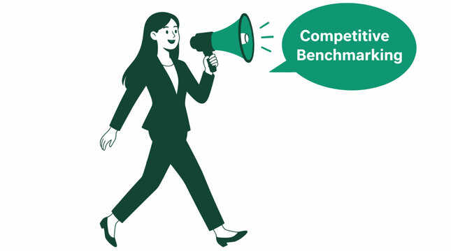 Businesswoman using megaphone for competitive benchmarking announcement.