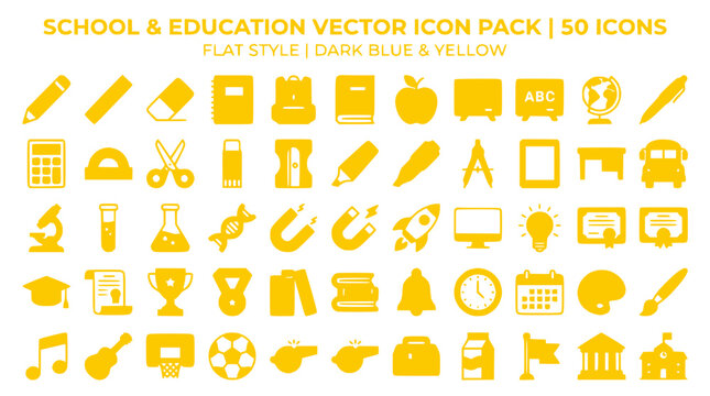 Vector icons illustrate various educational tools and school supplies on a desk