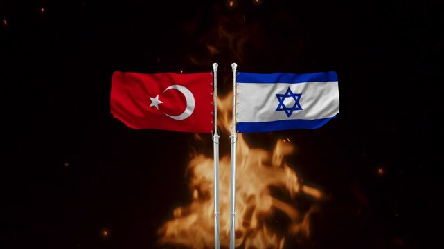 Turkish and Israeli flags waving in animated motion amidst flames