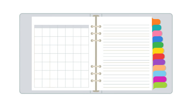 Open Ring Binder With Calendar Grid And Lined Pages With Colorful Tabs