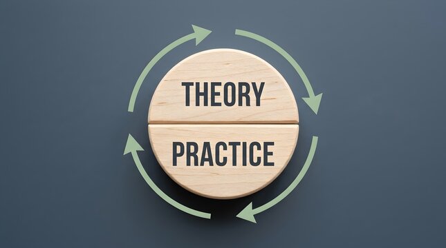 Wooden circle block featuring theory and practice text with arrows indicating a continuous learning cycle process