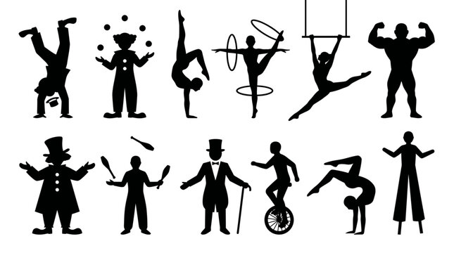Black silhouettes illustrating diverse circus performers like acrobats, jugglers, gymnasts and clowns against a clean white backdrop, representing dynamic entertainment and diverse showmanship skills