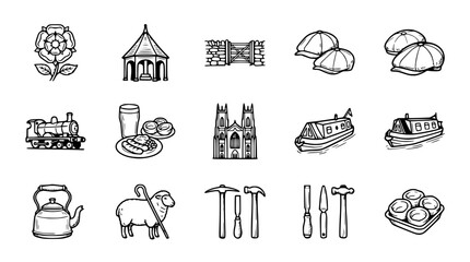 Vintage British Icons: Rose, Train, Canal Boat, Food, Tools, Architecture, Sheep © Quntul