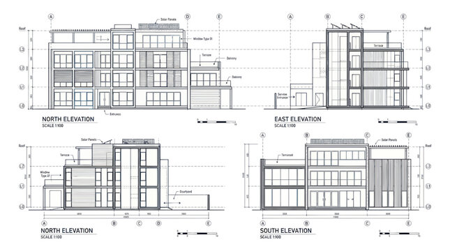 Architectural blueprints of a modern building, showing elevations and plans