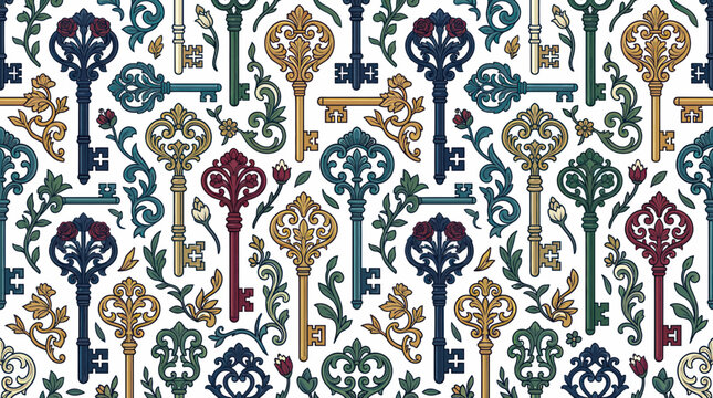 Vintage Keys Pattern, Antique Ornate Key Seamless Background, Retro Design