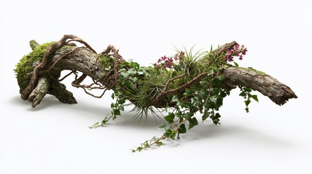 Tropical Jungle Liana Vines with Moss and Orchid Leaves Isolated on White