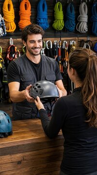 Rental shop employee handing helmet to customer