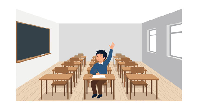Young boy raising hand in classroom during lesson eager to answer question