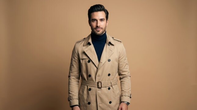 Man wearing beige trench coat standing alone