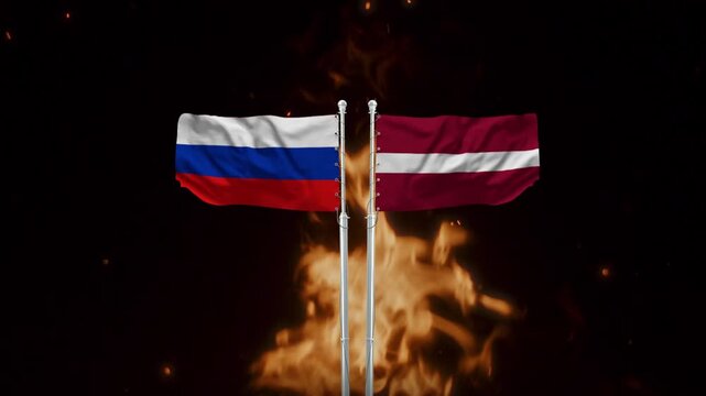 Russian and Latvian flags wave vibrantly amidst an intense animated fire motion clip