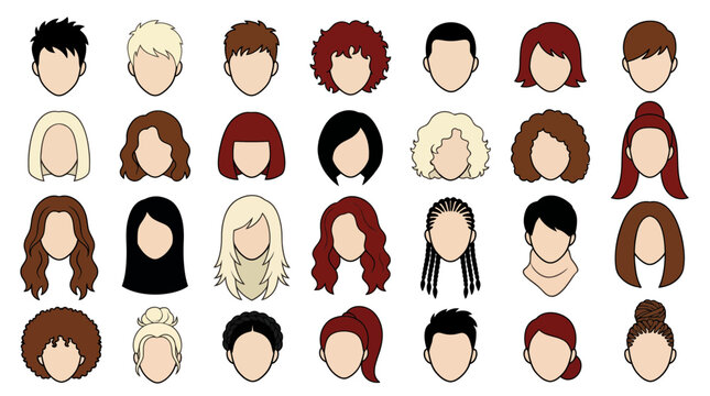 Diverse vector avatar heads with various hairstyles and colors on white, representing user profile customization and online identity