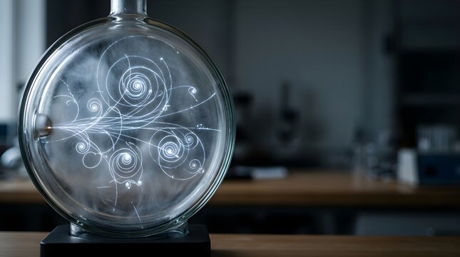 Glowing particle tracks inside a glass cloud chamber in a physics lab