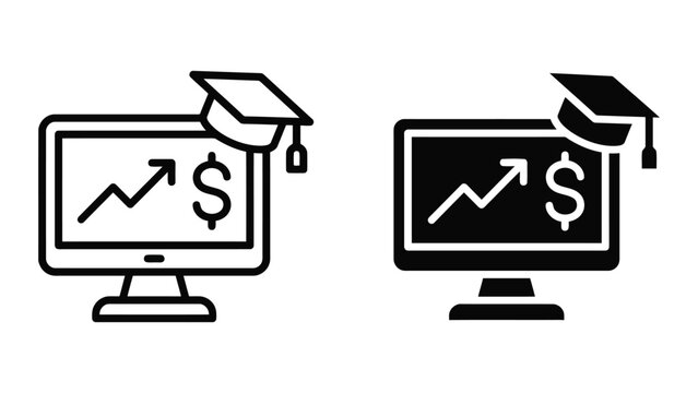Computer monitor displaying financial growth chart and academic graduation cap icon set as professional digital education and investment growth concept for business training and online finance courses