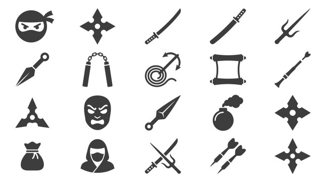 Collection of black flat ninja and martial arts weapon icons on white background, featuring various traditional Japanese tools, Symbolizing gaming design or ancient Japanese culture