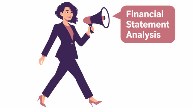 Businesswoman announcing financial statement analysis with megaphone.