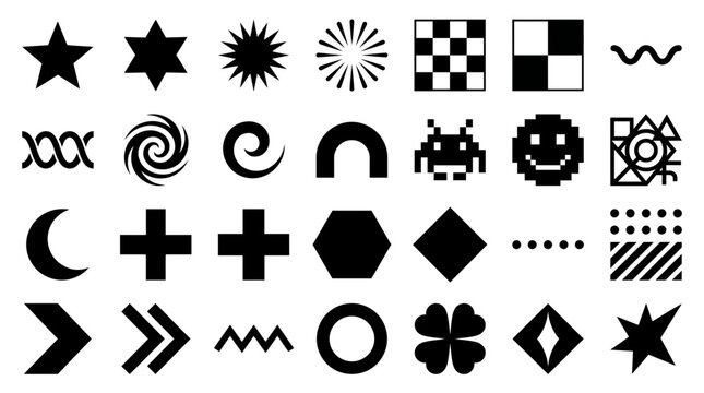 Diverse collection of black vector shapes and abstract icons on a clean white background, illustrating versatile graphic design assets for logos, web interfaces, or app development