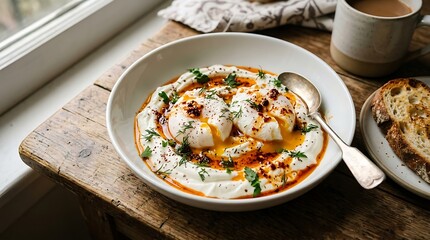 Delicious Turkish Eggs Cilbir with Yogurt, Poached Eggs, and Chili Butter. © Suriana
