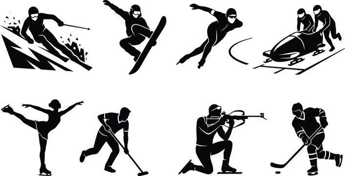 Solid black silhouette collection of winter sports athletes and competition icons