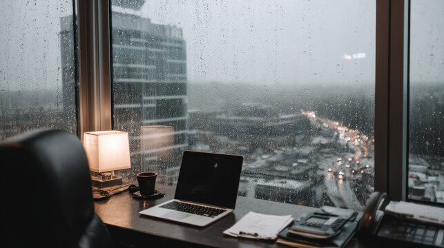 Rainy city skyline viewed from a modern executive office with panoramic windows, laptop workspace, warm ambient lighting, and a productive business atmosphere