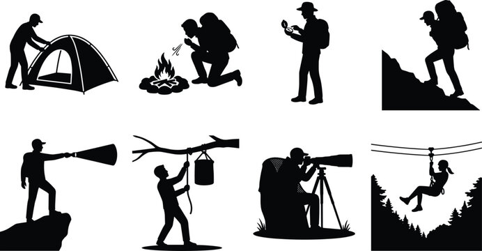 Silhouette set of outdoor adventure camping hiking and wilderness exploration activities