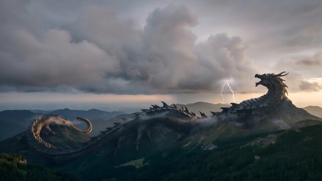 Imposing dragon sculpture atop mountain under stormy sky with lightning