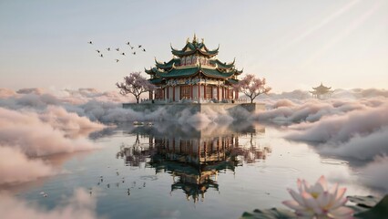 Obraz premium Traditional Asian temple floating above clouds with reflection on water at sunrise