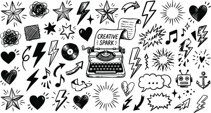 Retro Typewriter Doodle Vector Pack - Y2K Hand-Drawn Graphic Elements
Vintage Flash Art Clipart Set - Lightning Bolts, Stars, and Hearts SVG. Creative Spark Indie Doodle Collection - Aesthetic Skater