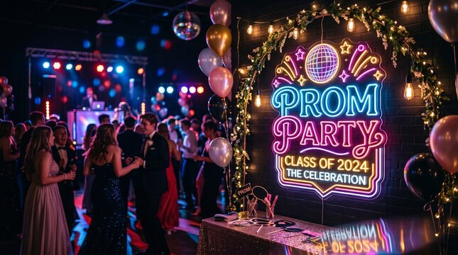"Festive prom party with neon sign, balloons, lights, dancing crowd, symbolizing youth, transition, joy, and milestone achievement."