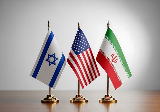 Flags of Israel, USA, and Iran on wooden table representing international relations