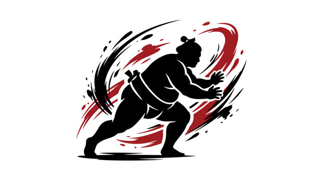 Sumo wrestler in silhouette with dynamic brush strokes.
