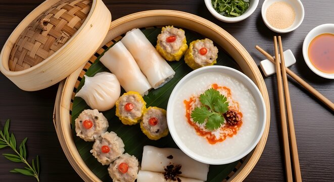 Steamed dim sum with congee and dipping sauces