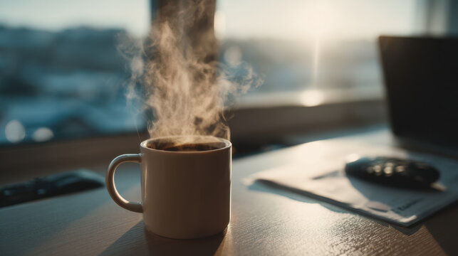 Steaming cup of freshly brewed coffee on a modern office desk near a notepad and car keys, illuminated by warm morning sunlight streaming through a window, creating a calm and productive workspace atm