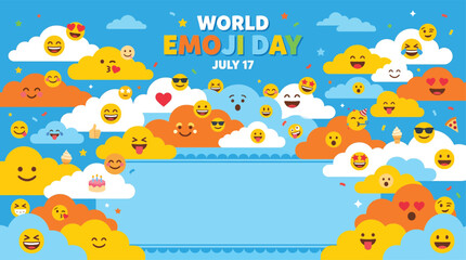 Naklejka premium World Emoji Day cloud sky banner with smiley faces for July 17 celebration template with copy space