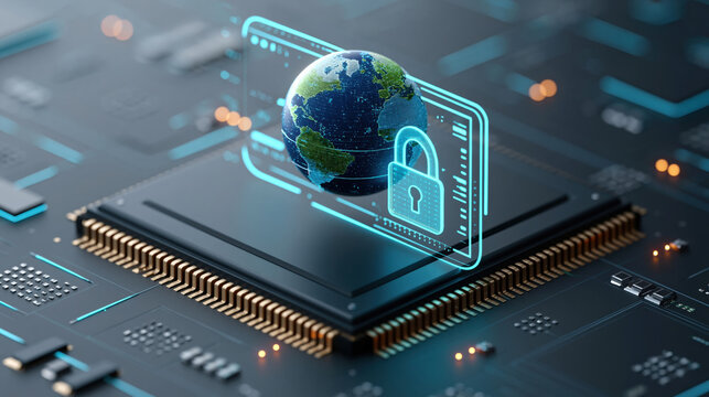 Global digital security concept with padlock hologram and earth over microchip, high tech circuitry and glowing interface protecting data
