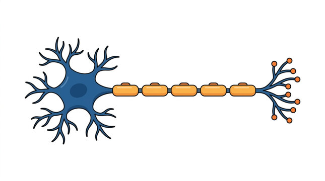 Illustration of a biological neuron cell structure with dendrites axon and myelin sheath.