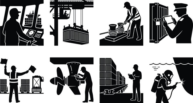 Solid black silhouette icons of maritime port workers, shipping logistics, and marine maintenance