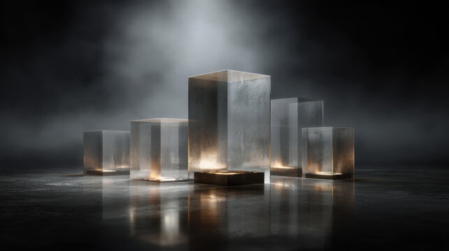 Collection of transparent glass rectangular blocks with internal illumination on a reflective dark floor, showcasing minimalist geometric forms, atmospheric lighting and futuristic architectural compo