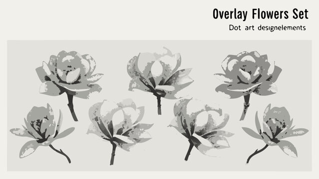 Floral ornament set of five gray scale illustrations with a dot art style on a light gray background