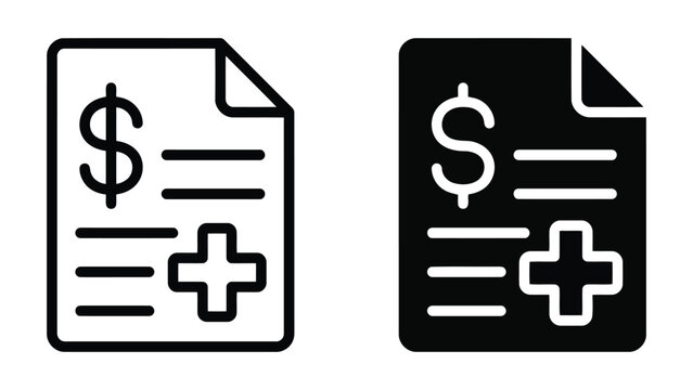 Healthcare financial invoice icon with dollar sign and medical cross symbol for billing and insurance statements featuring outline and solid black vector design on light grey background