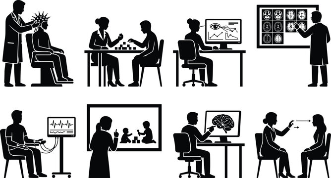 Silhouette icons of psychological testing, neurological research, and cognitive therapy
