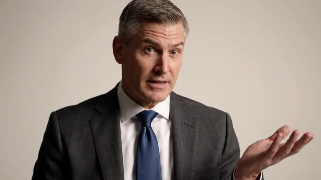 Businessman Emotes with Thoughtful Gestures and Expressions for Corporate Presentations